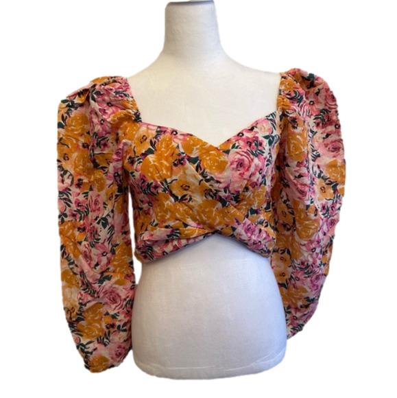 Something Navy Crop Top Floral Puff long Sleeve - Picture 1 of 8